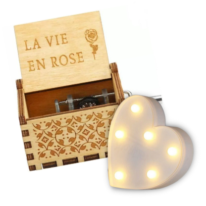 La Vie En Rose Music Box (Brown) and Heart-Shaped LED Lights - A Melodic Symphony of Love and Light 🌹💡🎶